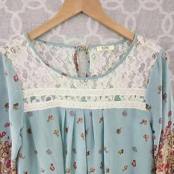 Kori Round Neck Lace Floral Long Sleeve Chiffon Tunic Dress M - Picture 3 of 13